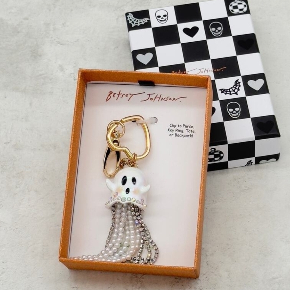 🤍▪Betsey Johnson▪️ Ghost Glow In Dark Keychain Key Fob Handbag Charm Halloween